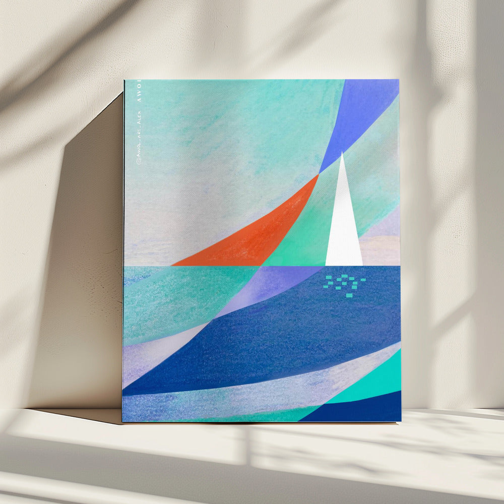 Abstrakte Ozeankunst mit minimalistischem weißen Segelboot auf dem Meer | Leinwand