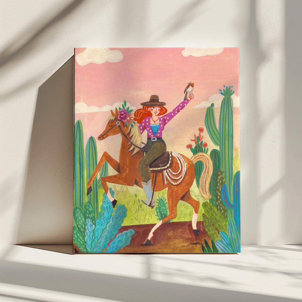 Cowgirl auf Pferd in der Wüste | Leinwand