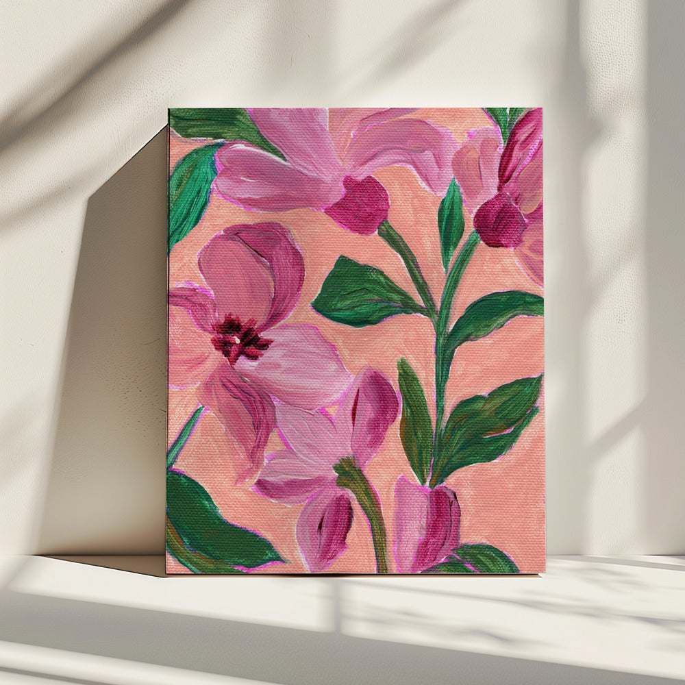 Rosa Blumen mit kräftigen grünen Blättern | Leinwand