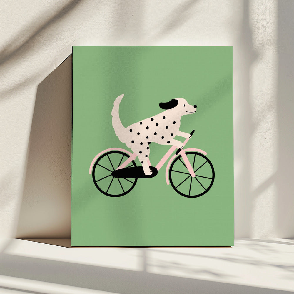 Gefleckter Hund beim Fahrradfahren | Leinwand