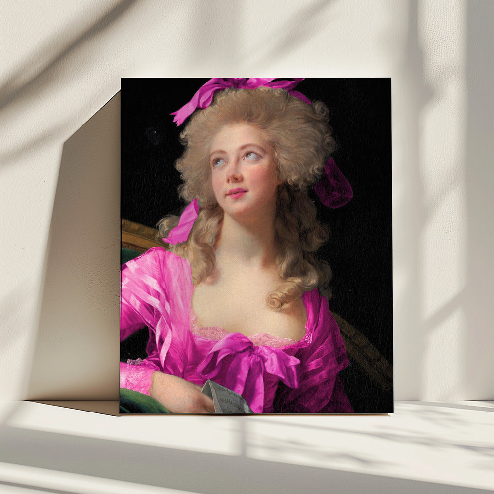 Frau in leuchtendem rosa Kleid und Schleife | Leinwand