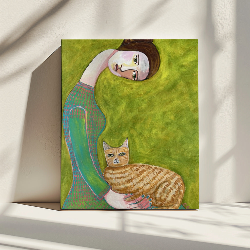 Bent Neck Lady mit ihrer geliebten roten Katze. | Leinwand
