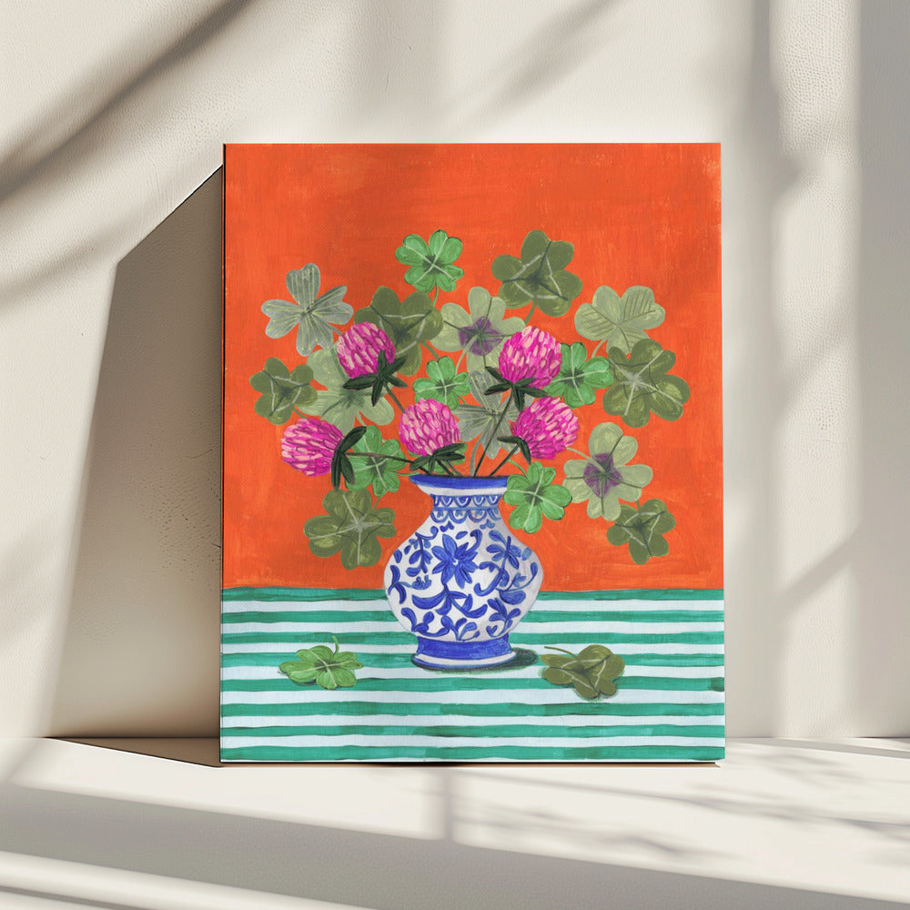Kleeblätter und rosa Blüten | Leinwand