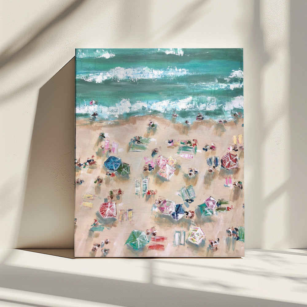 Bunte Sonnenschirme und Sonnenanbeter an einem Sandstrand | Leinwand