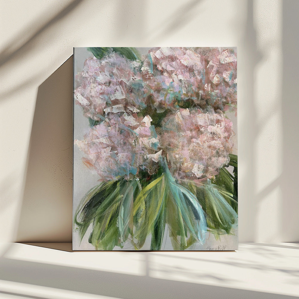 Rosa Hortensien mit grünen Blättern | Leinwand