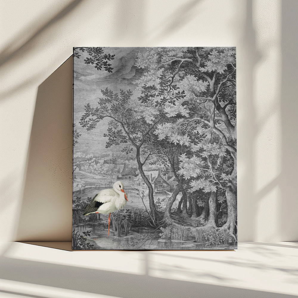 Vintage Landschaft mit Storch | Leinwand