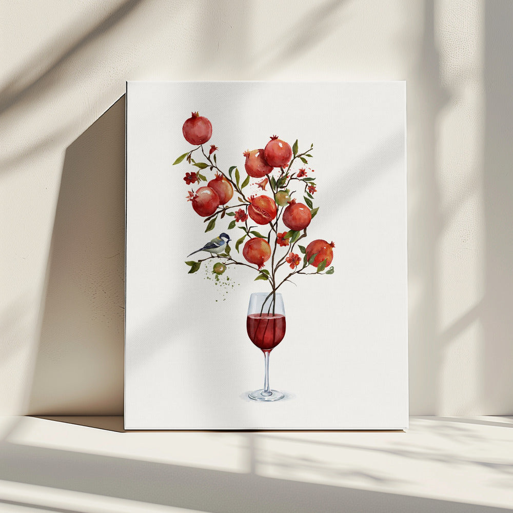 Granatapfel in einem Glas Wein | Leinwand