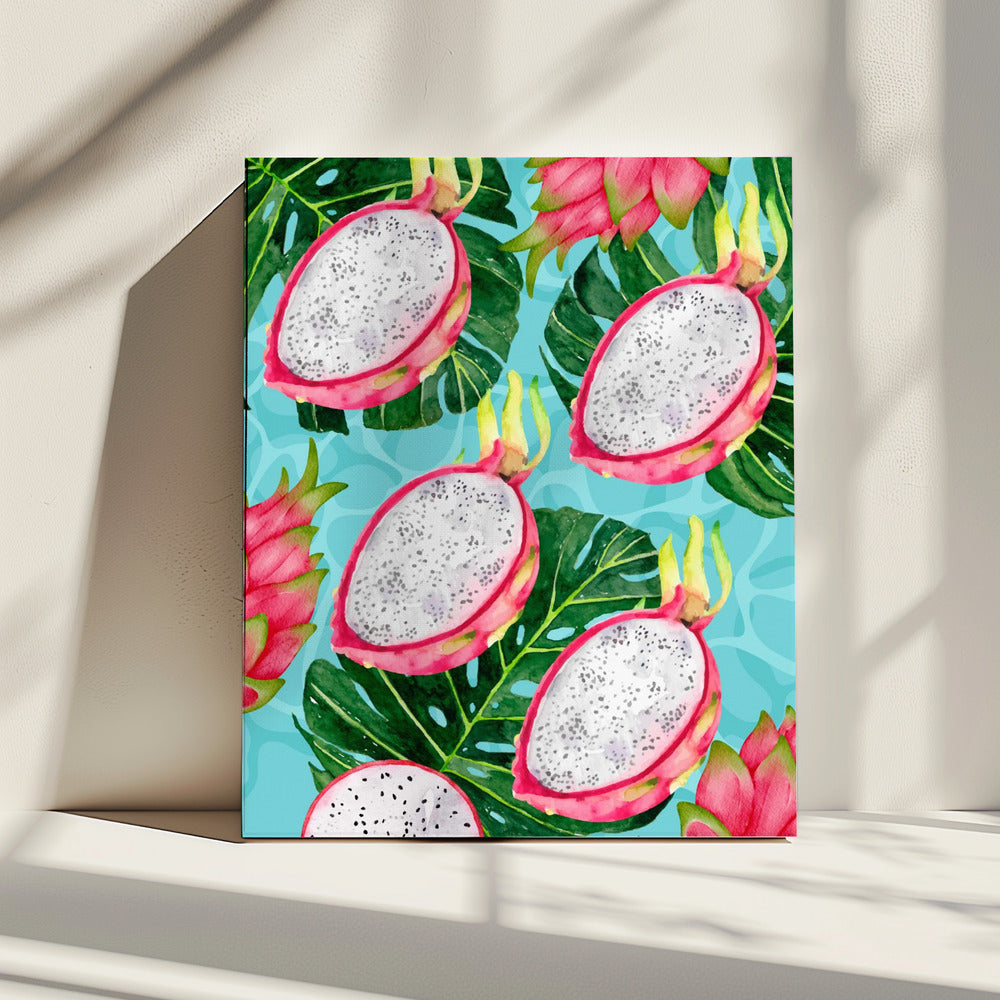 Lebendiges ästhetisches Muster aus Drachenfrucht und Monstera-Blättern – Exotisches tropisches Aquarell | Leinwand