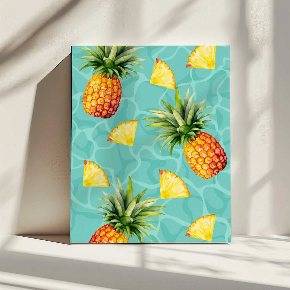 Exotisches Ananas- und Ananasscheiben-Muster – Tropisches Sommer-Aquarell | Leinwand