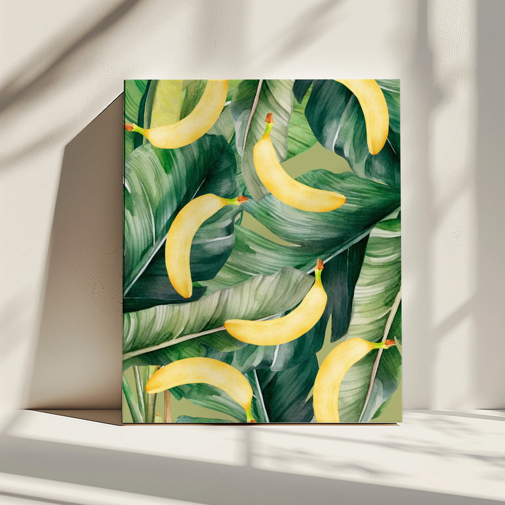 Ästhetisches Muster mit frischen Bananen und üppigen tropischen Blättern – Natürliches Aquarelldesign | Leinwand