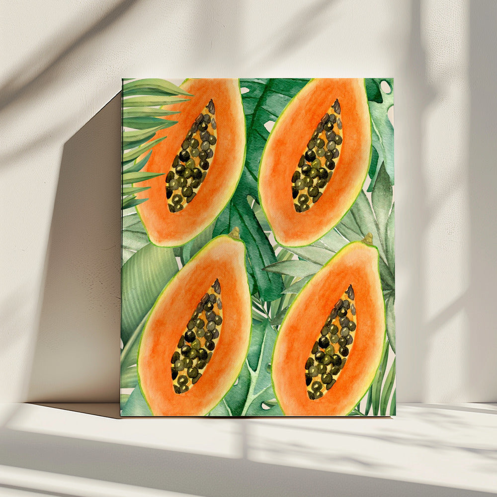 Ästhetisches Muster mit exotischer Papaya und üppigen grünen Blättern – Tropisches botanisches Aquarell | Leinwand