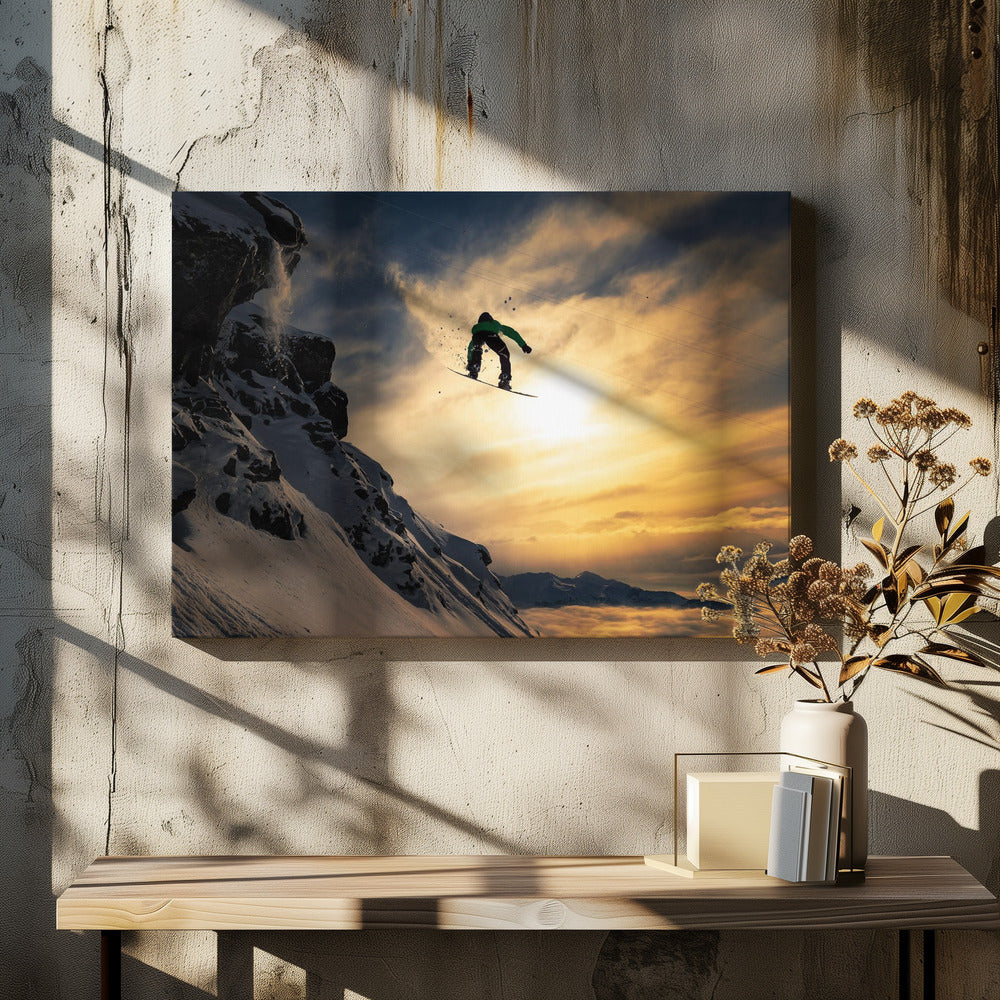 Snowboarden bei Sonnenuntergang | Leinwand