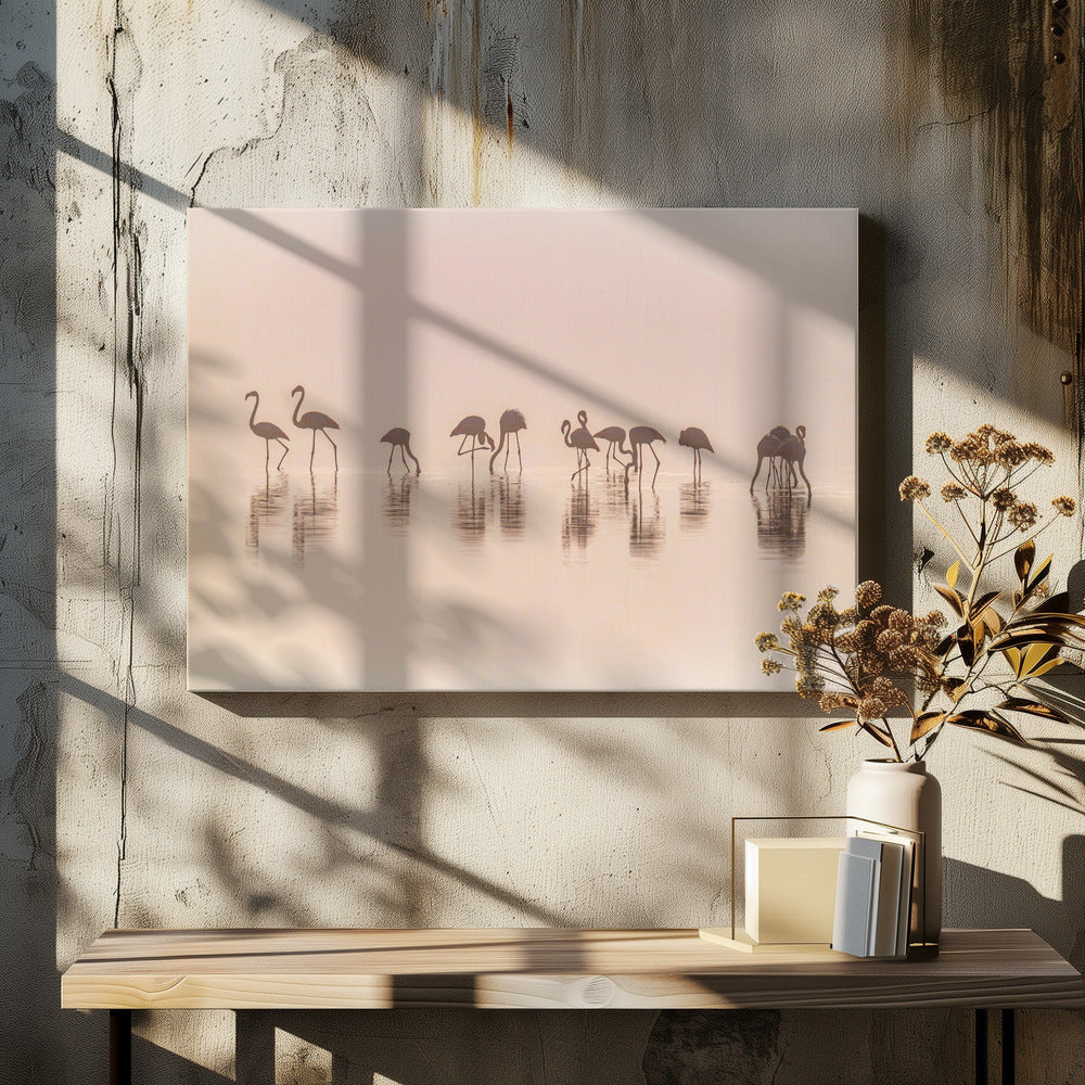 Flamingos im Nebel | Leinwand
