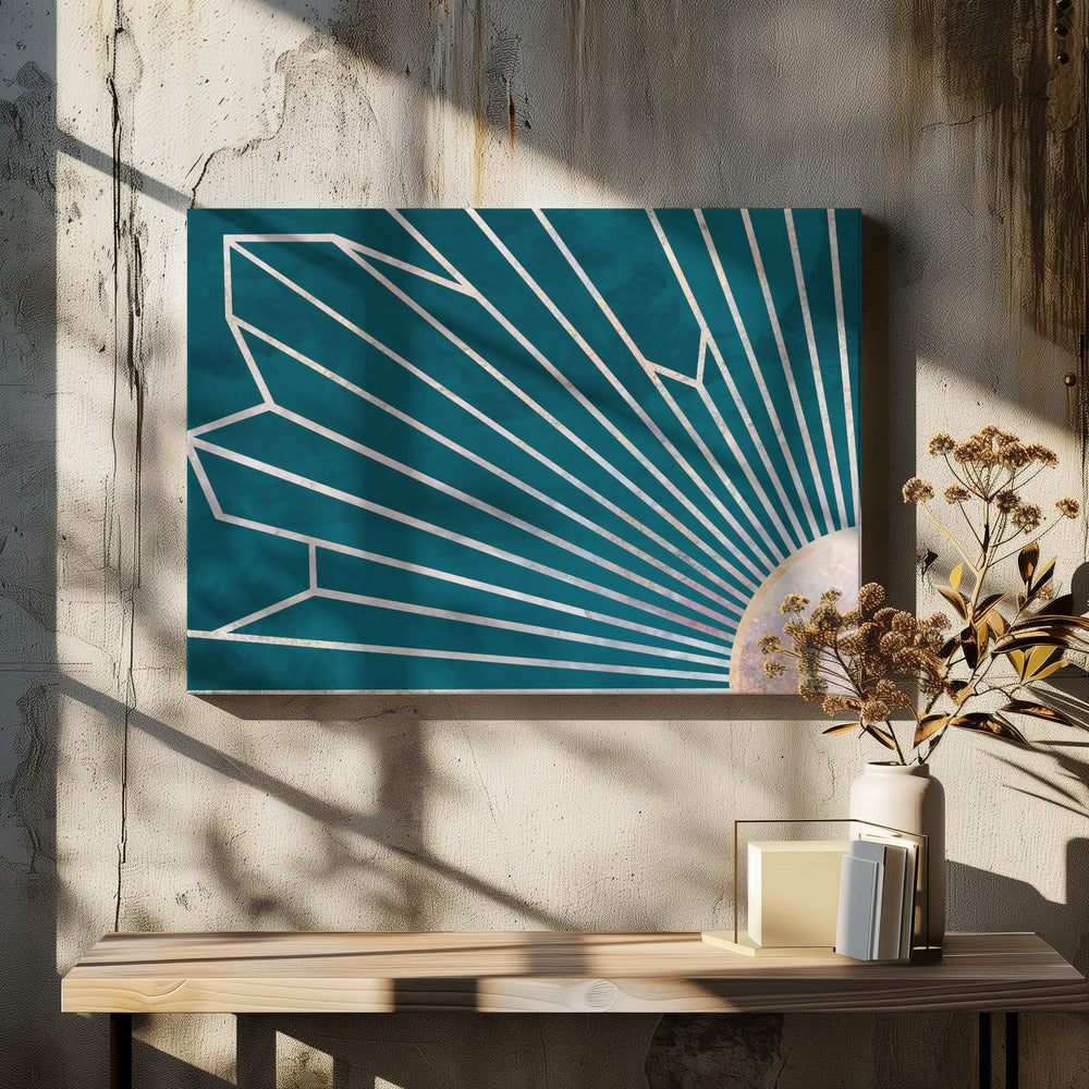 Goldene geometrische Sonnenstrahlen Wandbild türkis | Leinwand