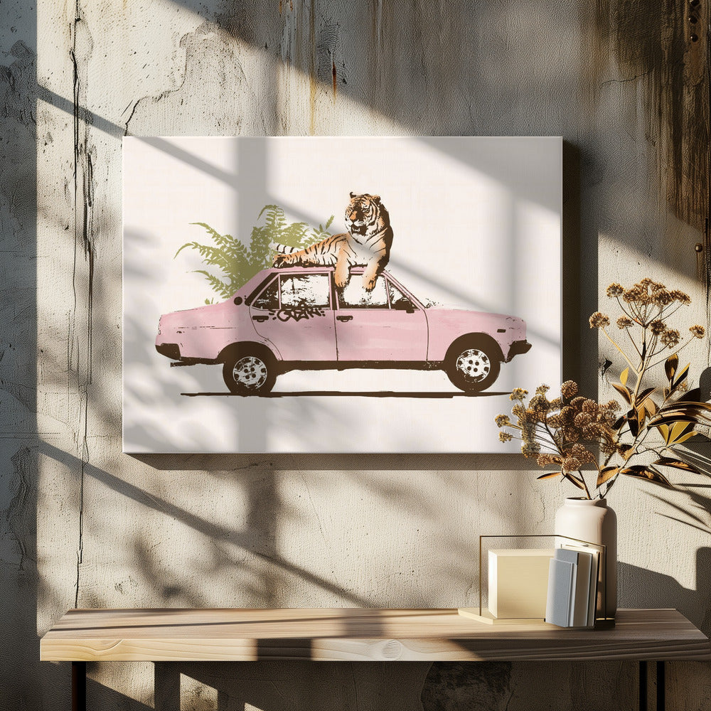Tiger auf Auto | Leinwand
