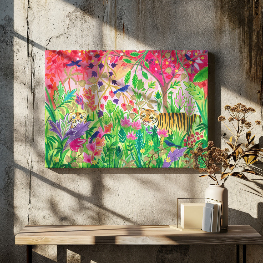 Jungle Painting With Lush Foliage And Exotic Animals | Canvas