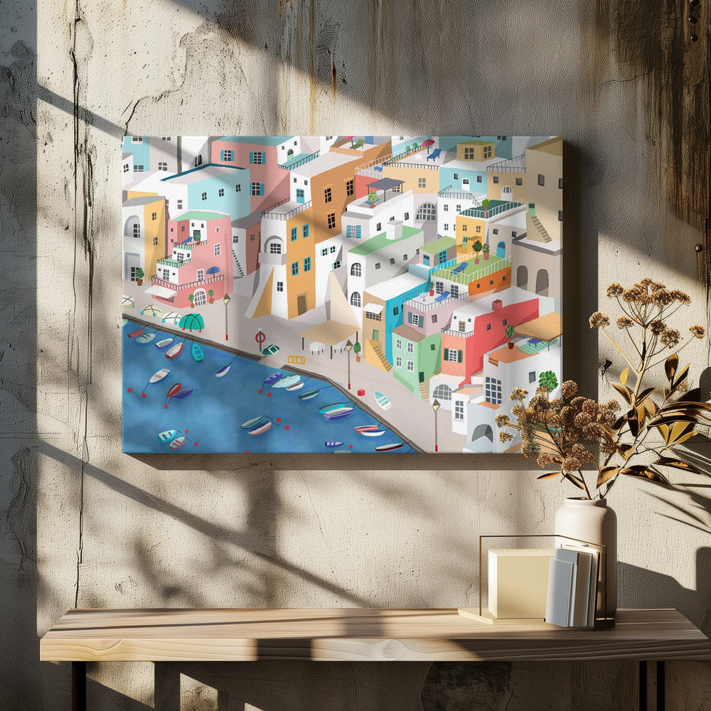 Sonniges Küstendorf, Sommerspaß von Carla Daly | Leinwand