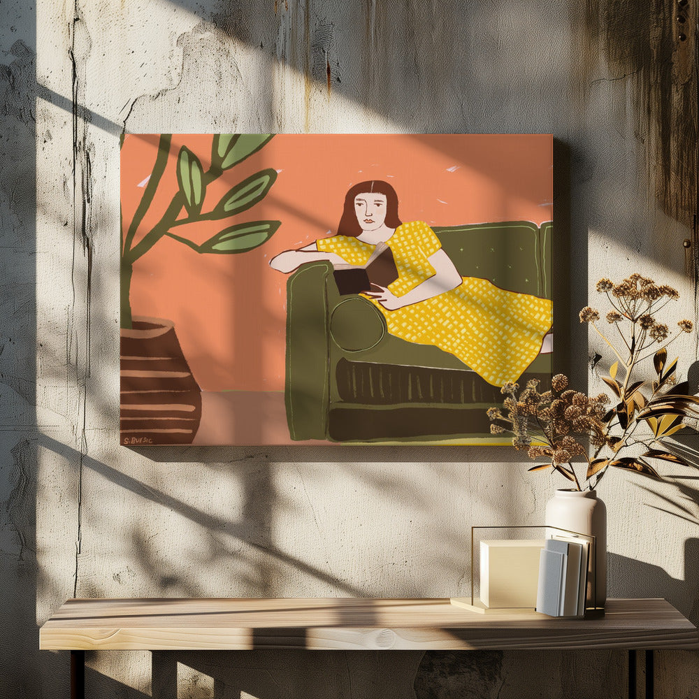Lesende Frau im gelben Kleid | Leinwand