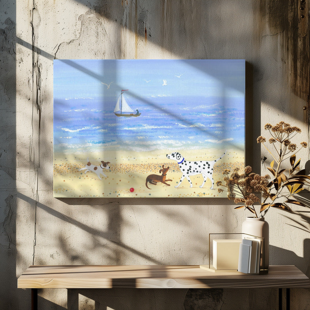 Hund spielt am Strand | Leinwand