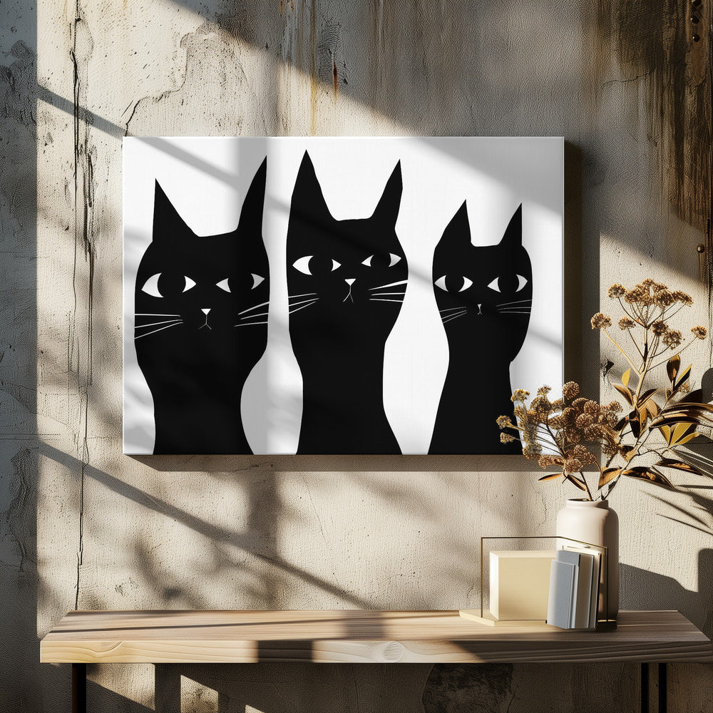 Drei schwarze Katzen spähen Katze | Leinwand