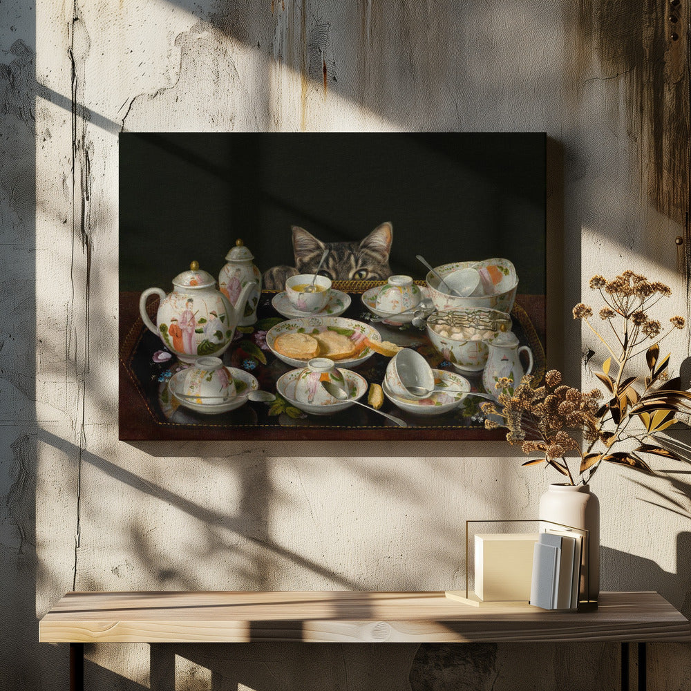Ein Teeservice mit einer Katze | Leinwand