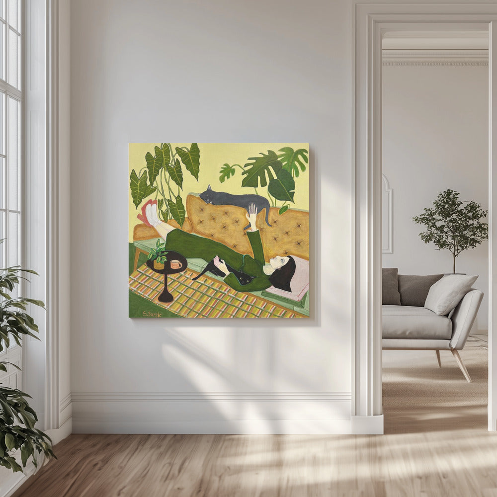 Katzenlady auf der Couch bei einem Date | Leinwand