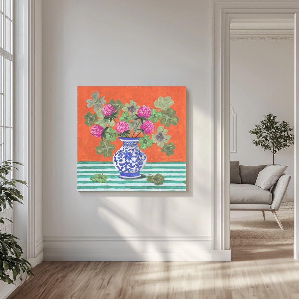 Kleeblätter und rosa Blüten | Leinwand