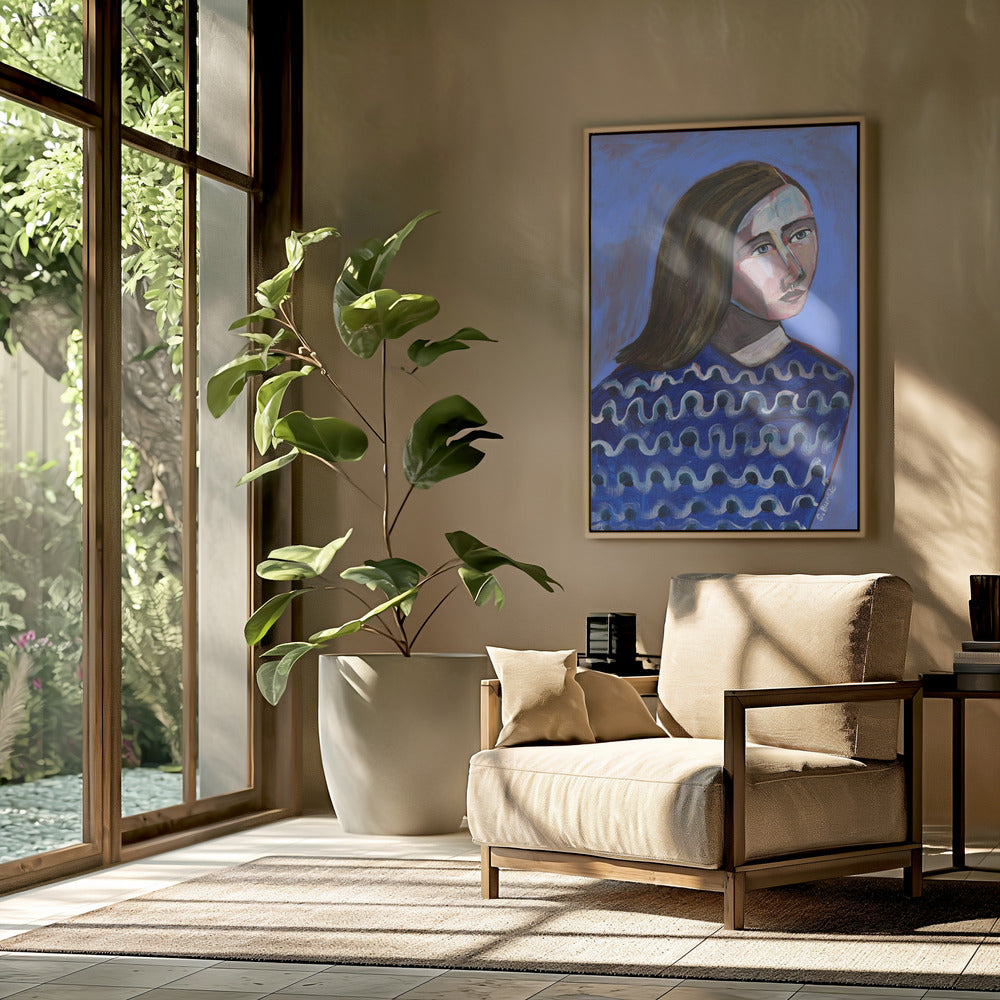Frau im blauen Pullover Naives Porträt Figurativ | Poster
