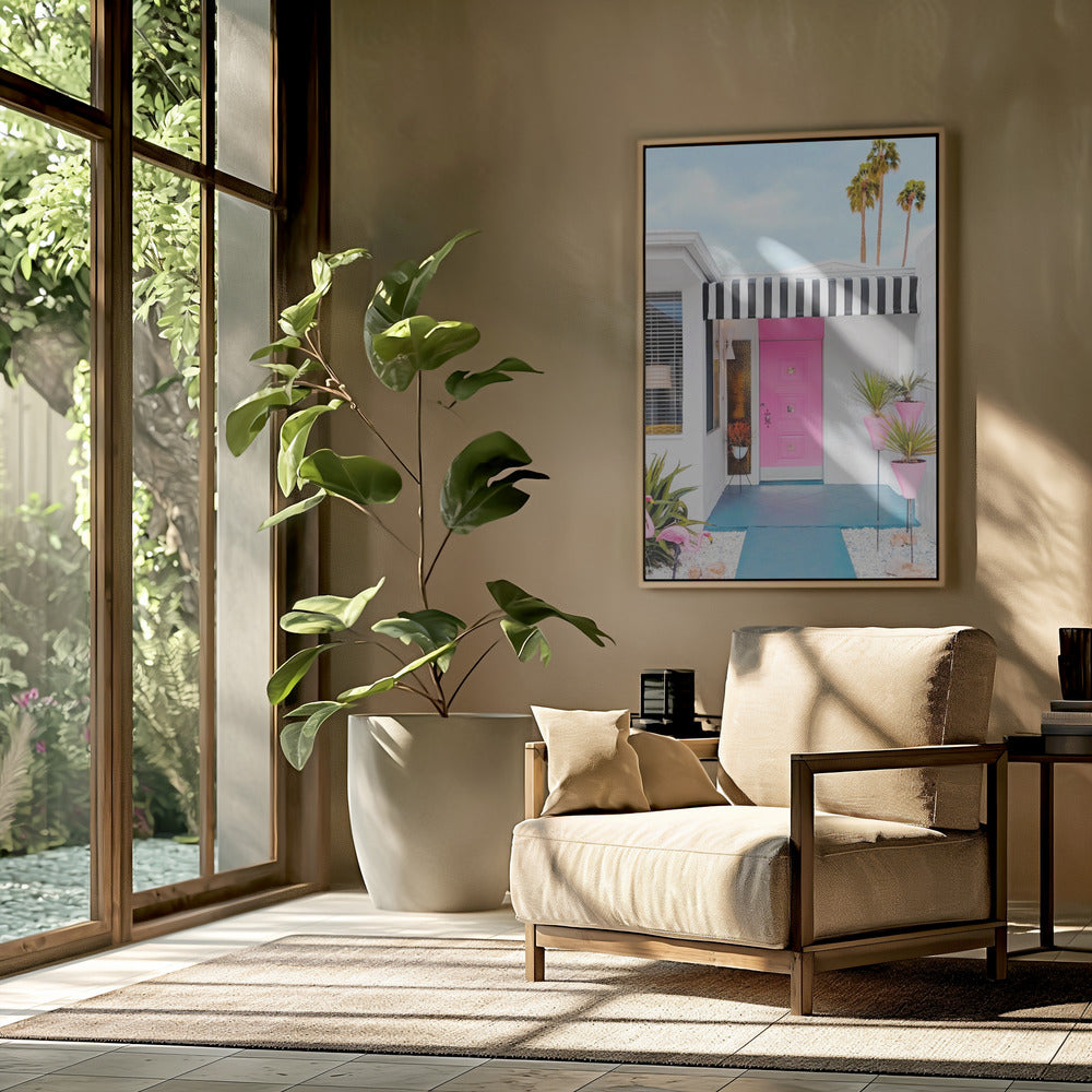 Pink Door with Yard Flamingos | Poster