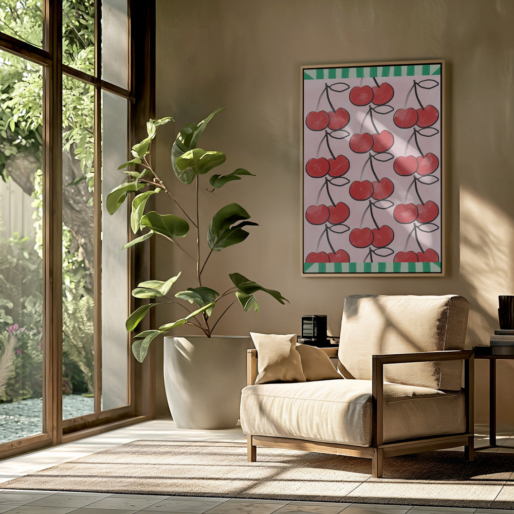 Rote Kirschen auf einem rosa | Poster
