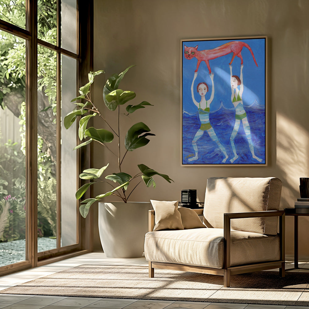 Zwei Schwimmer mit rosa Katze | Poster