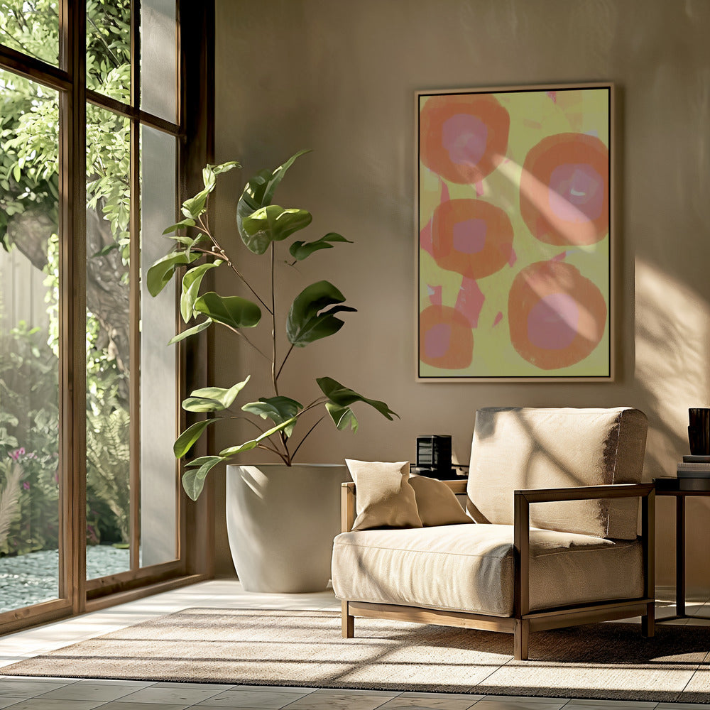 Abstrakte Malerei. Boho-Rosen in Orange und Pink auf Gelb. | Poster