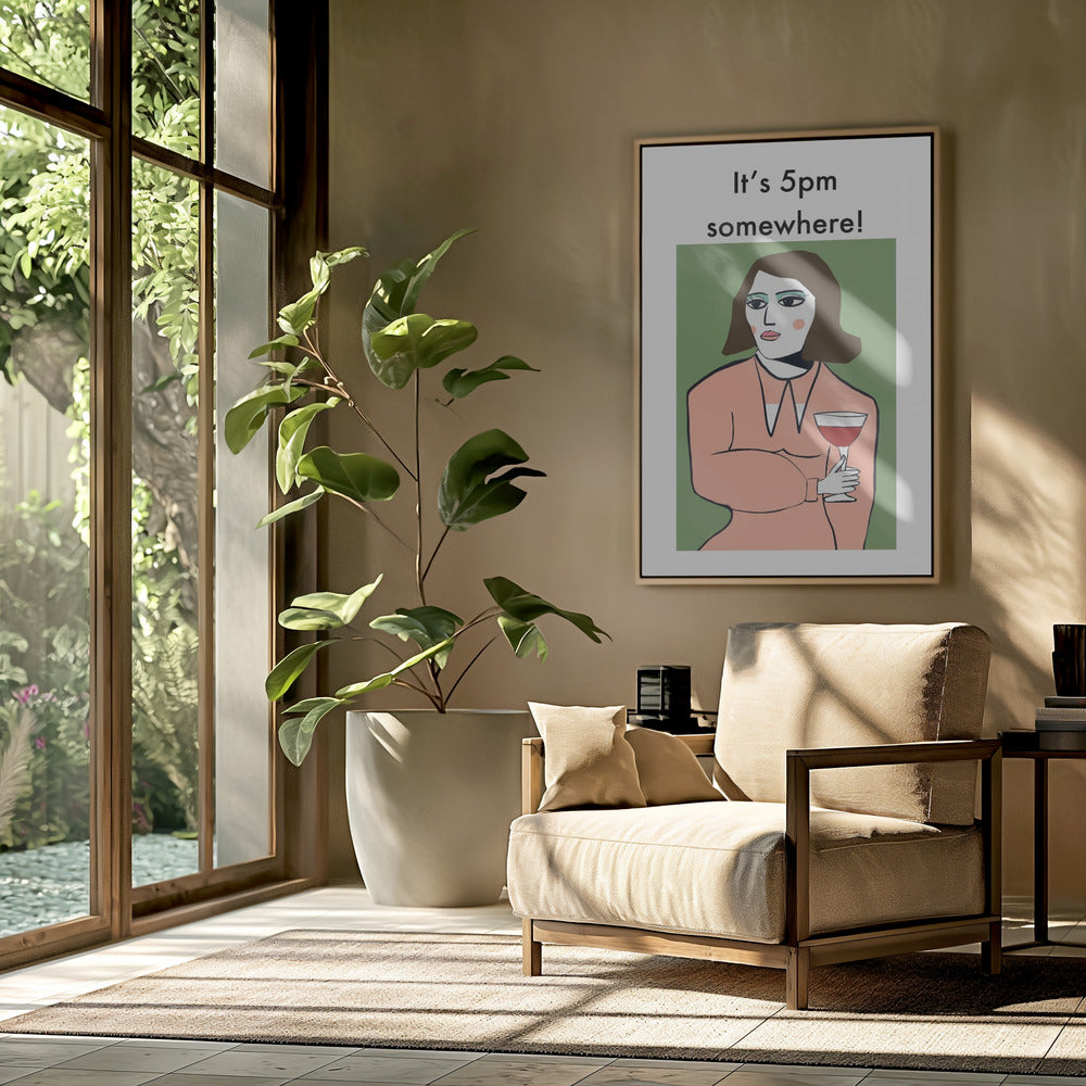 Irgendwo ist es 17 Uhr – Humorvolle Dame trinkt Wein | Poster