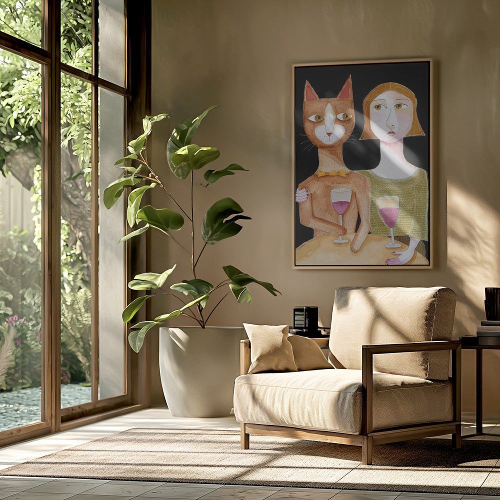 Beste Freunde Katze und Dame trinken Wein | Poster