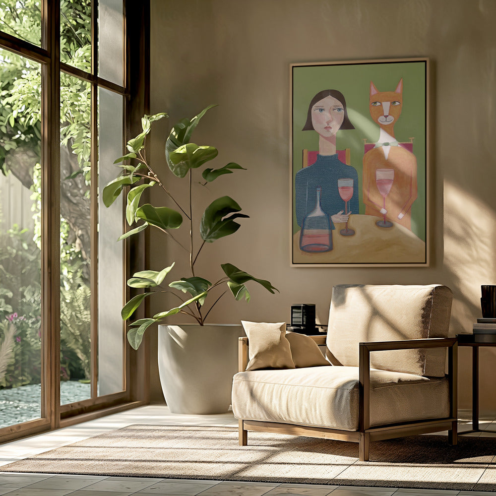 Dame und Katze trinken Wein | Poster