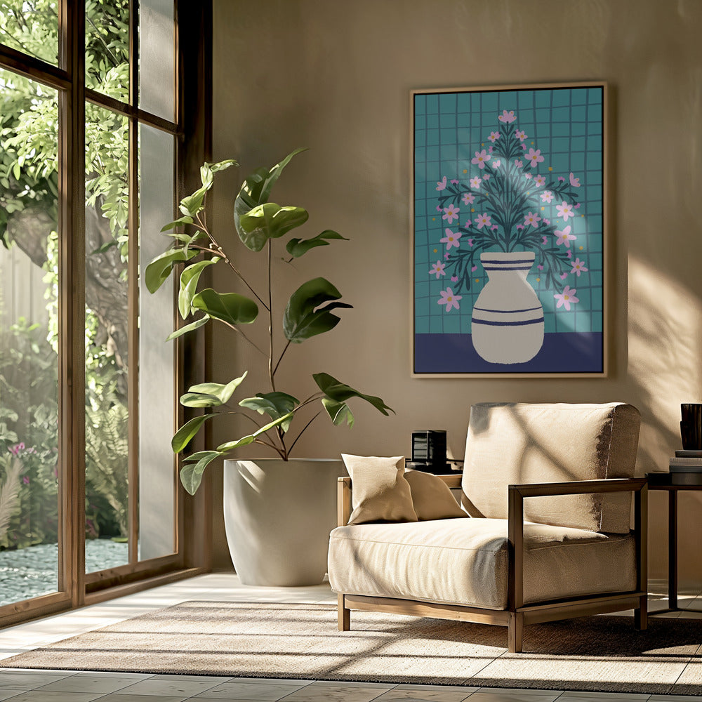 Türkisfarbene Blumen in einer Vase | Poster