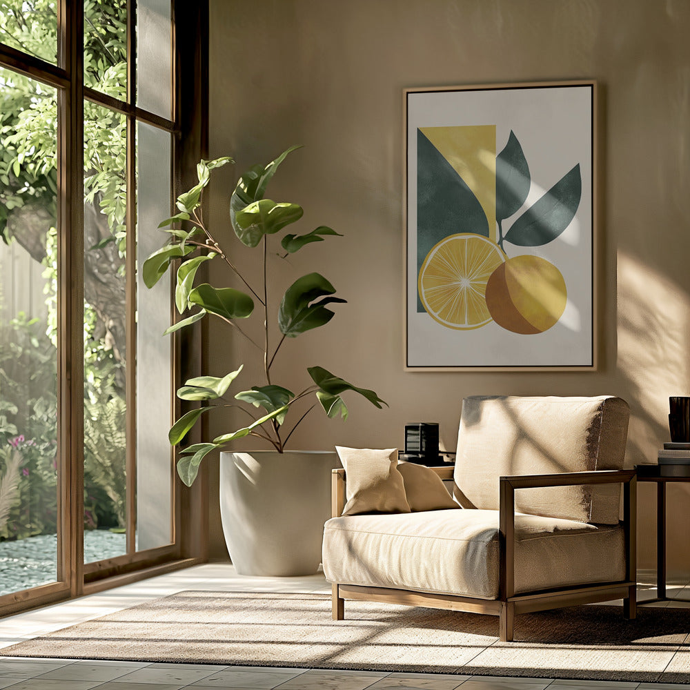 Gelbe Zitrone mit grünen Blättern Serenity | Poster