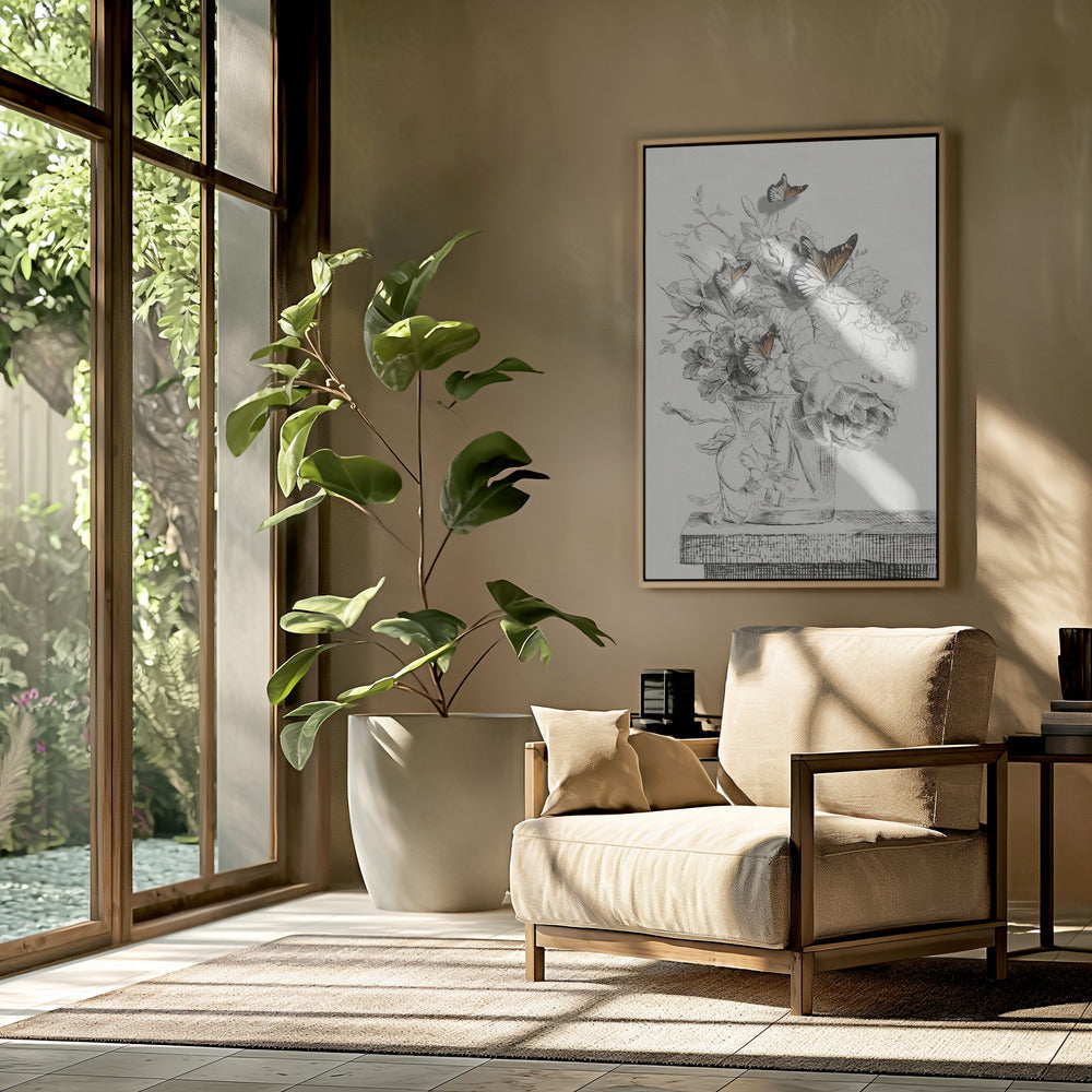 Die Schmetterlinge und die Vase mit Blumen | Poster