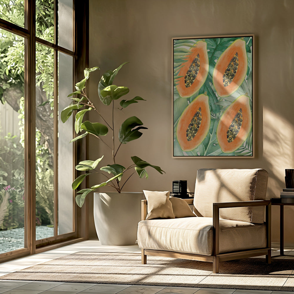 Exotic Papaya and Lush Green Leaves Aesthetic Pattern - Tropical Botanical Watercolor | Poster
