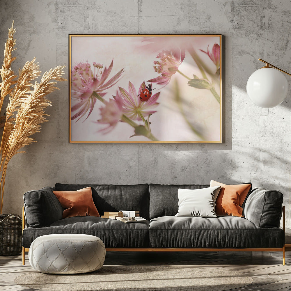 Marienkäfer und rosa Blumen | Leinwand