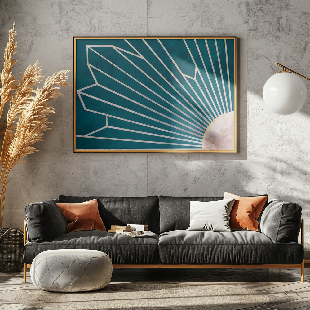 Goldene geometrische Sonnenstrahlen Wandbild türkis | Leinwand