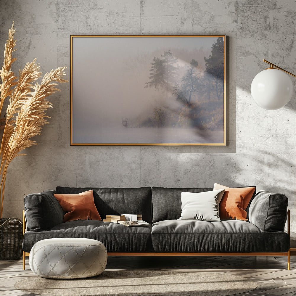 Nebliger Herbstmorgen am Fluss | Poster