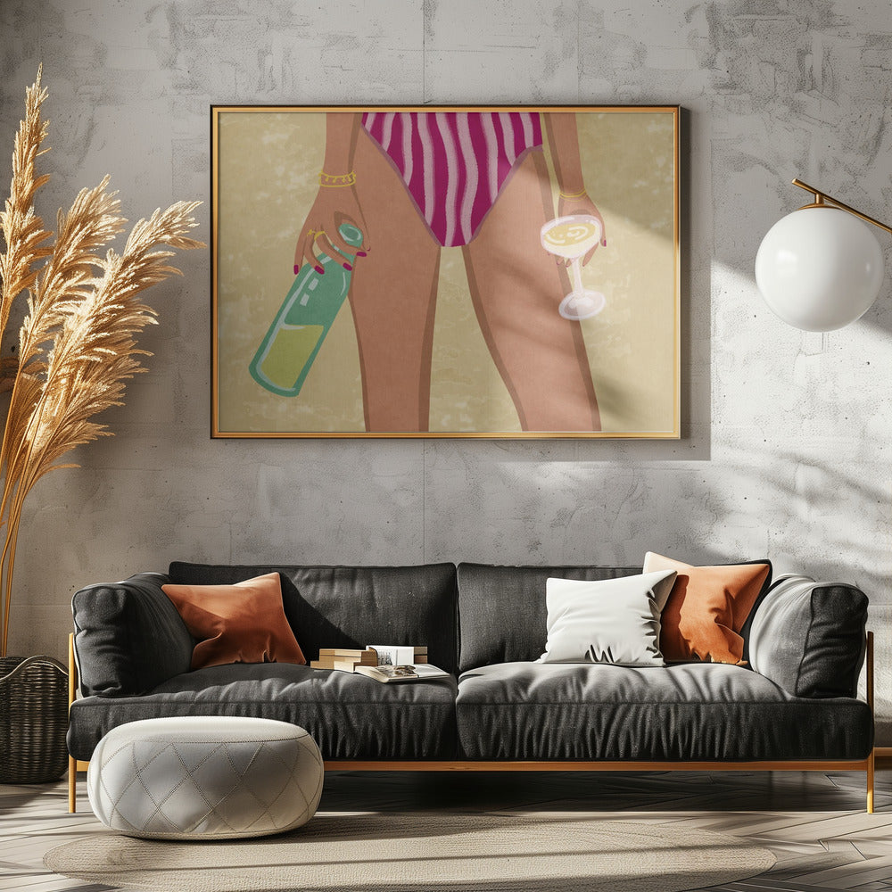 Mädchen mit Wein am Strand | Leinwand