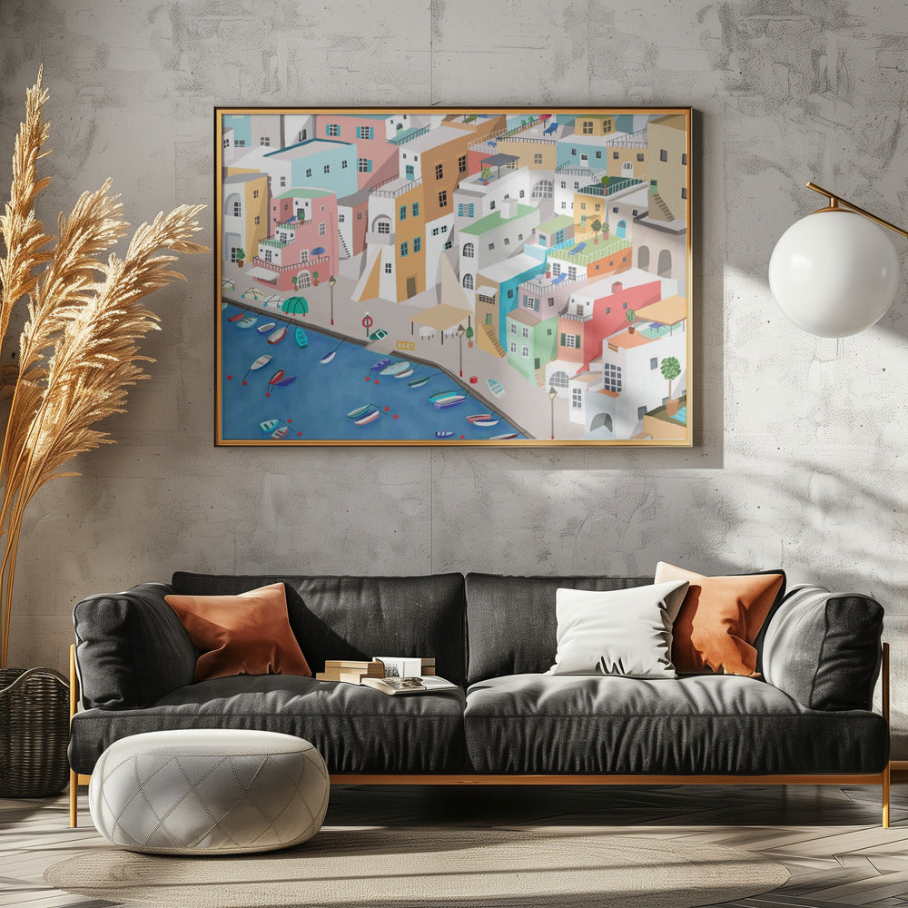 Sonniges Küstendorf, Sommerspaß von Carla Daly | Leinwand