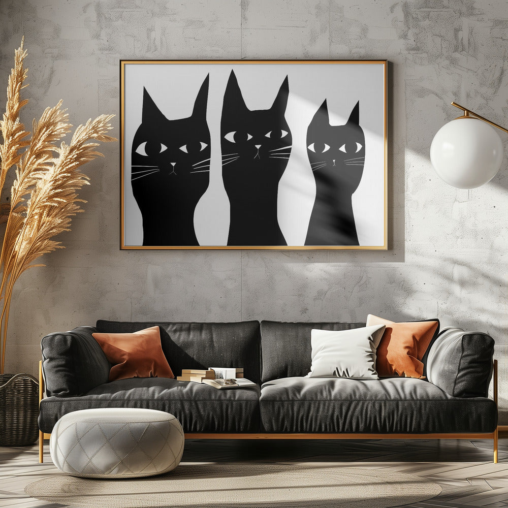 Drei schwarze Katzen spähen Katze | Leinwand