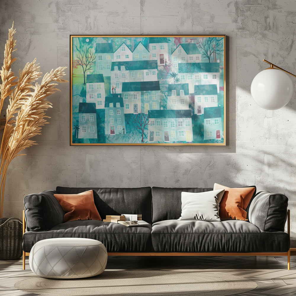 Wunderliche Dorfszene mit stilisierten Häusern | Poster