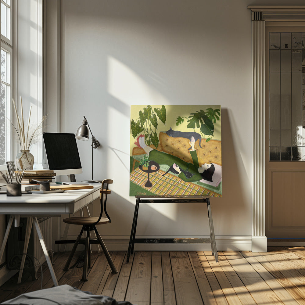 Katzenlady auf der Couch bei einem Date | Leinwand