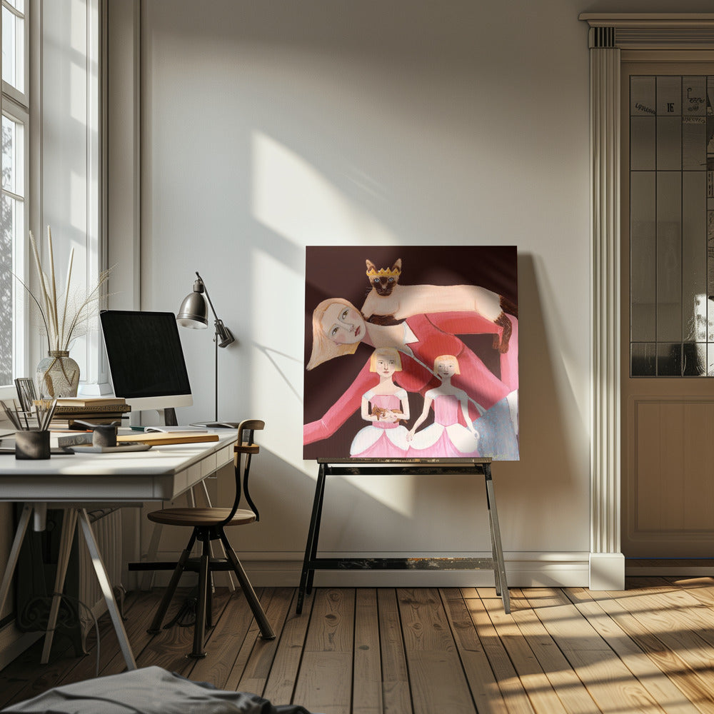 Katzendame mit Siamkatze mit Krone | Leinwand