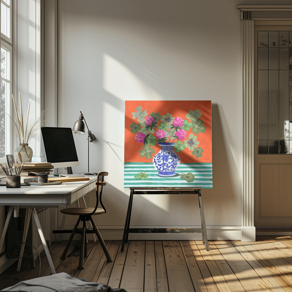 Kleeblätter und rosa Blüten | Leinwand