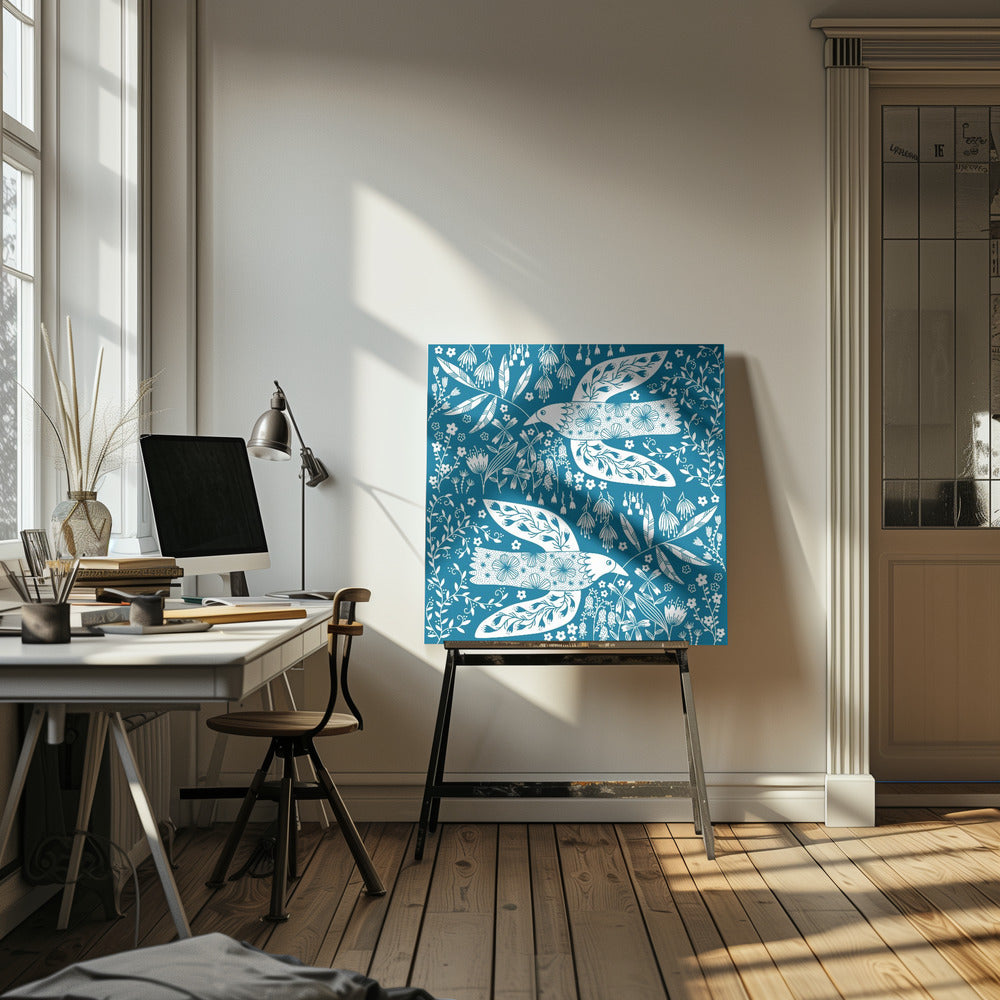 Peace Doves And Flowers White On Teal Green | Canvas
